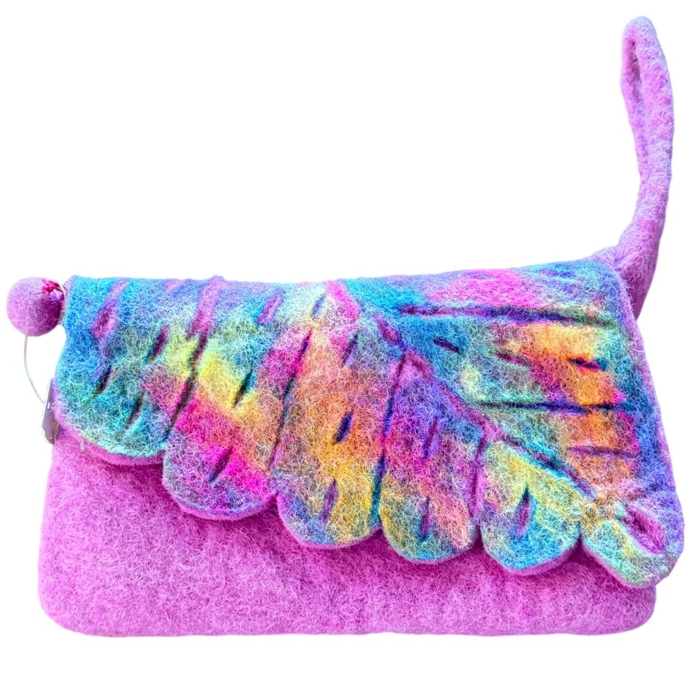 Felted Wool Clutch Scalloped Pom Pom Pink 8.5x5.5 Wristlet Bag Women